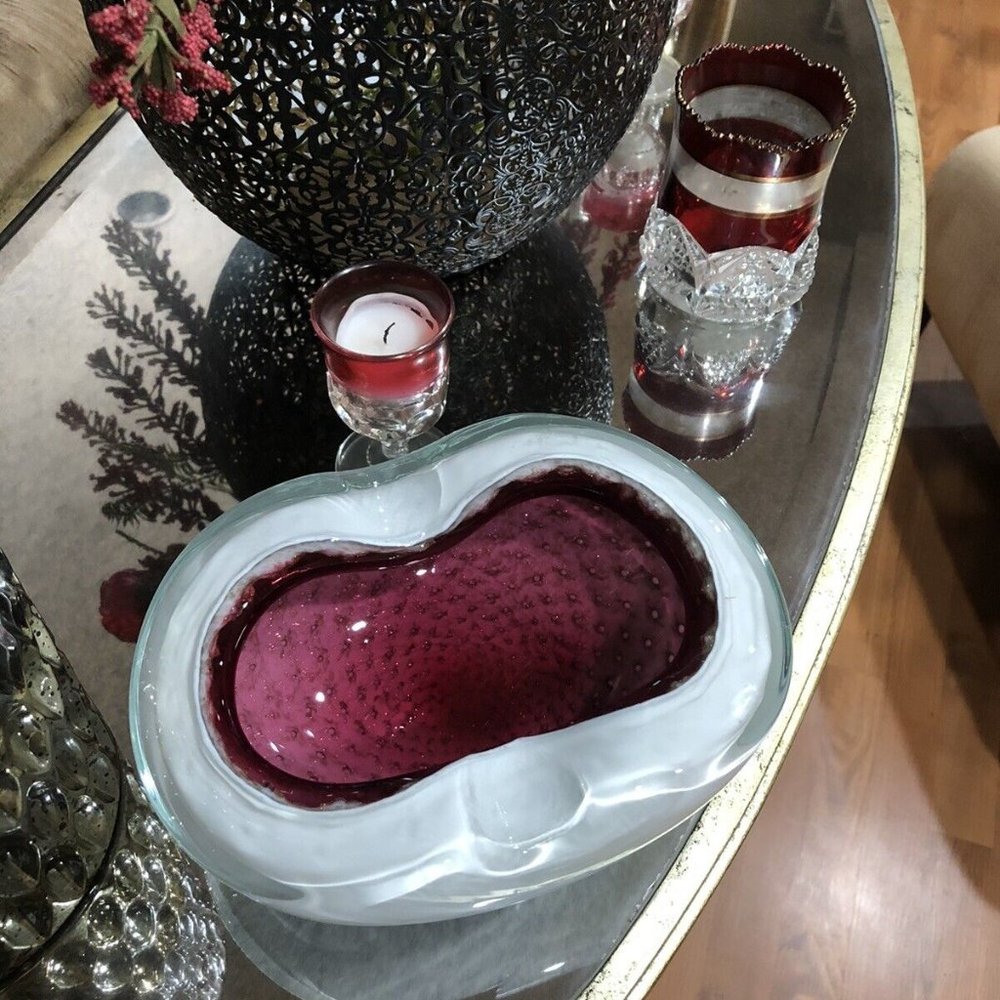 Murano Seguso White Incalmo Rim Gold Flecks Bubbles Italian Art Glass DAD GIFT